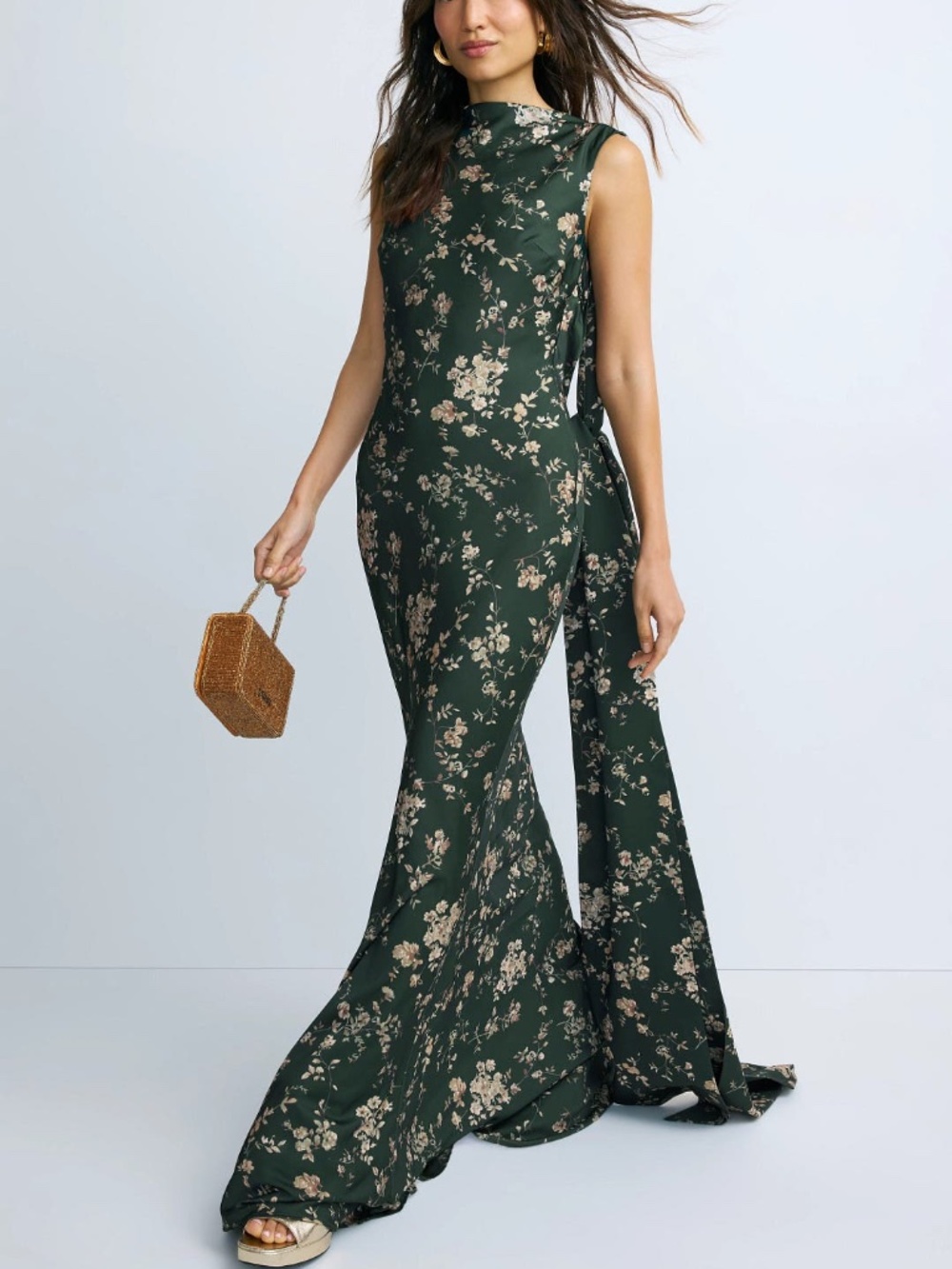 Sau Lee Callie Printed Gown Green Floral Maxi Dress Draped - Size US 6